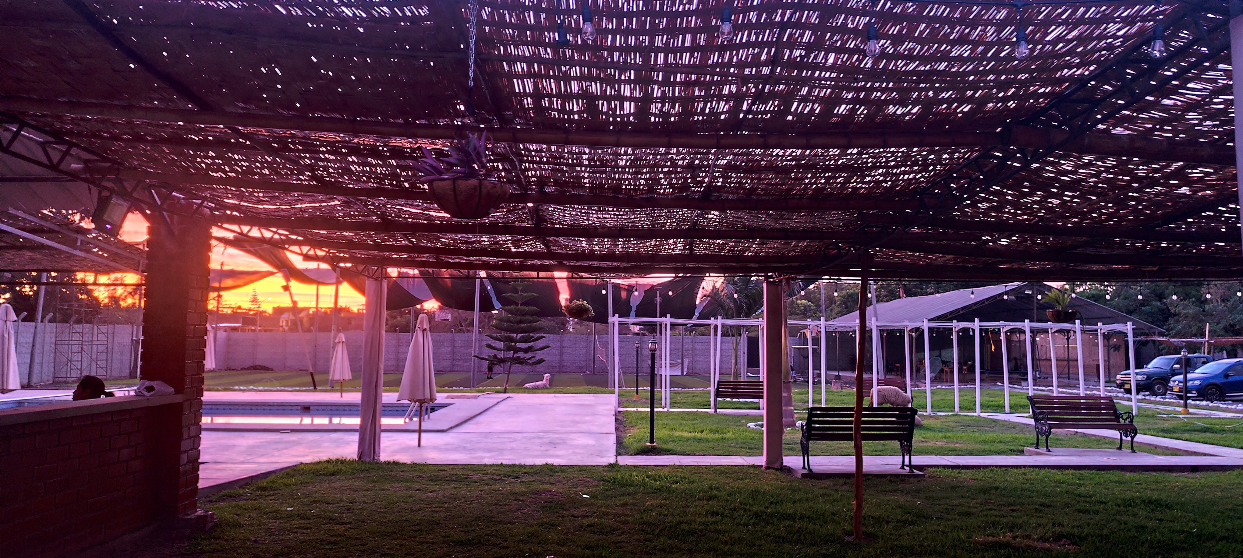 Espacio semiabierto con techo de caña y vistas al jardín